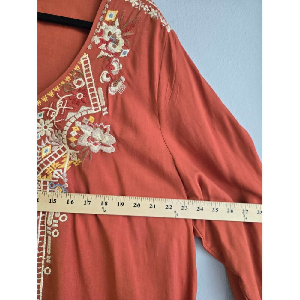 Solitaire Embroidered Boho Tunic Top Rust Orange Plus Size 2X Rayon Long Sleeve - Picture 7 of 8